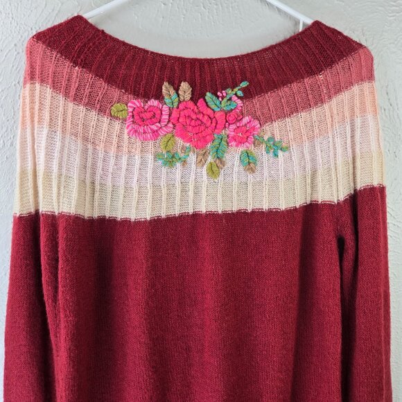 Sundace Floral Embroidered Cardigan M Burgundy Mohair Wool Boho Artsy Sweater - Picture 9 of 11